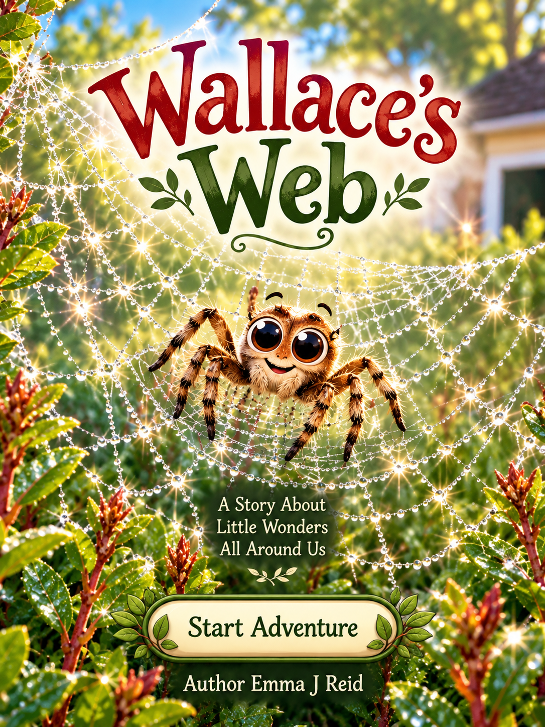 Wallace’s Web artwork showing a smiling spider in a sparkling garden web, with the title Wallace’s Web